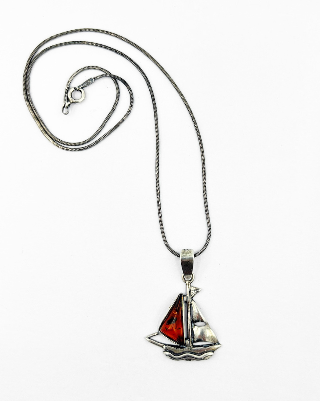 Oxidized Sterling Silver & Polish Honey Amber Sailboat Necklace