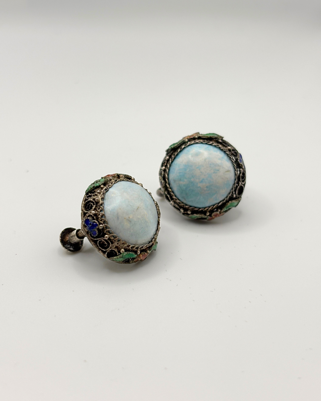 Antique Larimar Filigree & Enamel Screwback Earrings