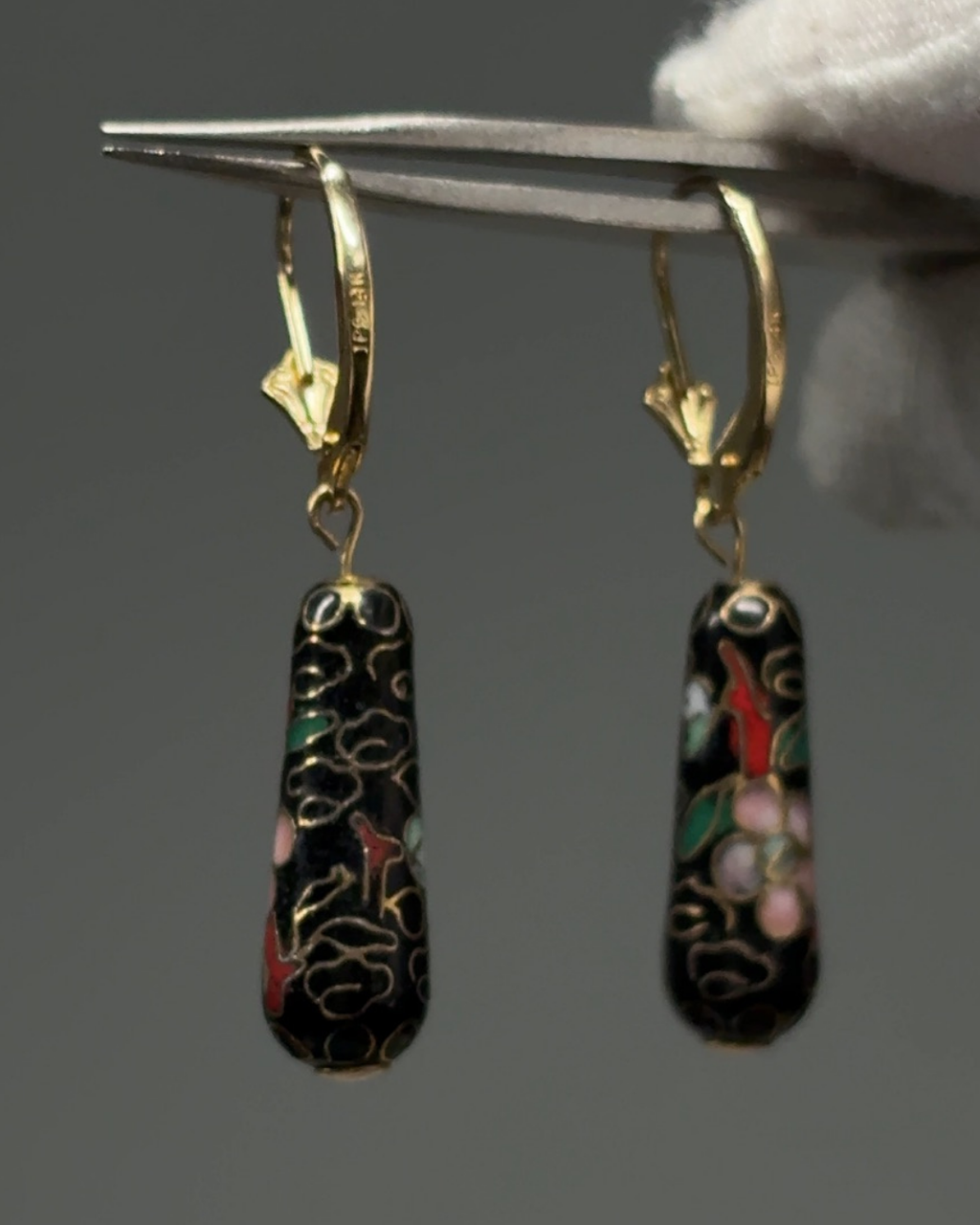 Estate 14KT Cloisonné Gold Gilt Onyx Drop Earrings
