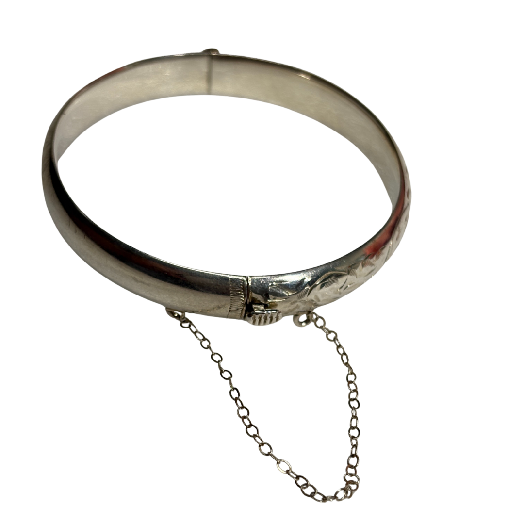 925 Engraved Bangle with Safety Chain