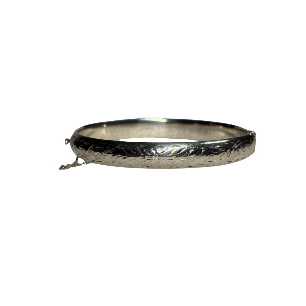 925 Engraved Bangle with Safety Chain