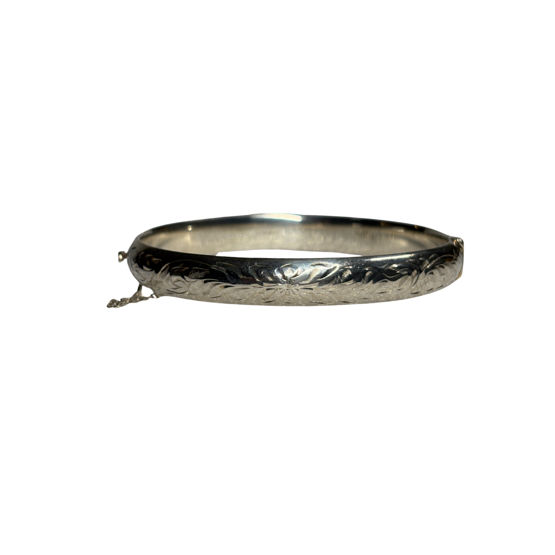 925 Engraved Bangle with Safety Chain