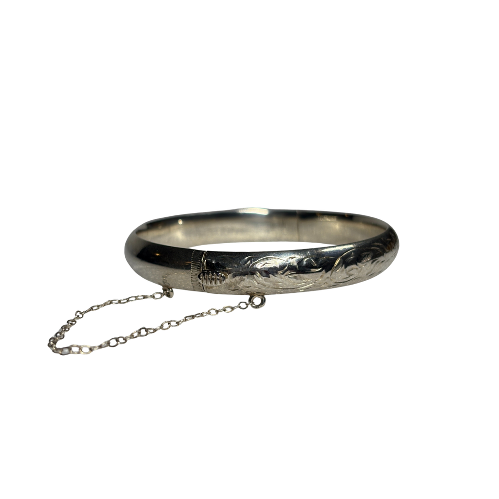 925 Engraved Bangle with Safety Chain