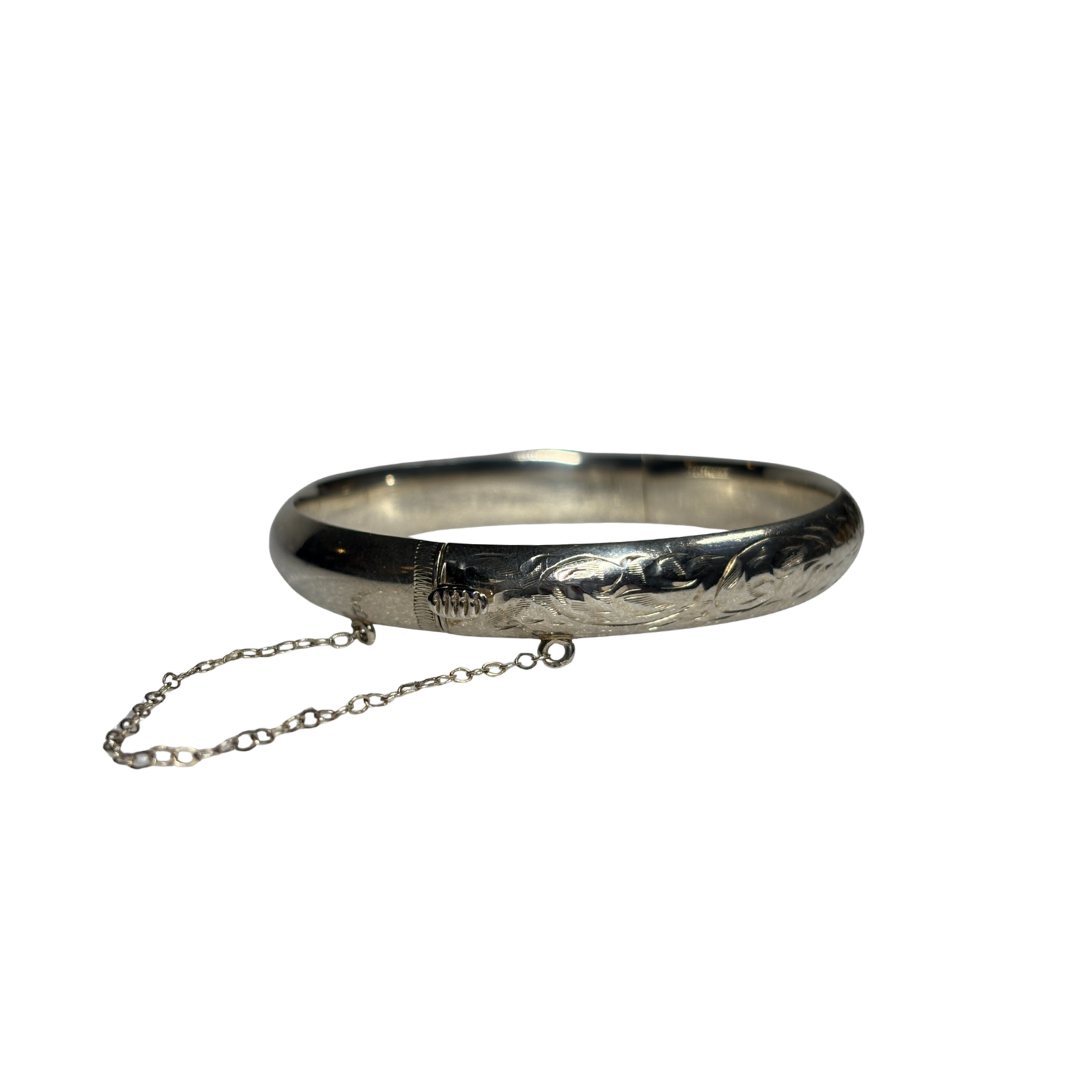 925 Engraved Bangle with Safety Chain