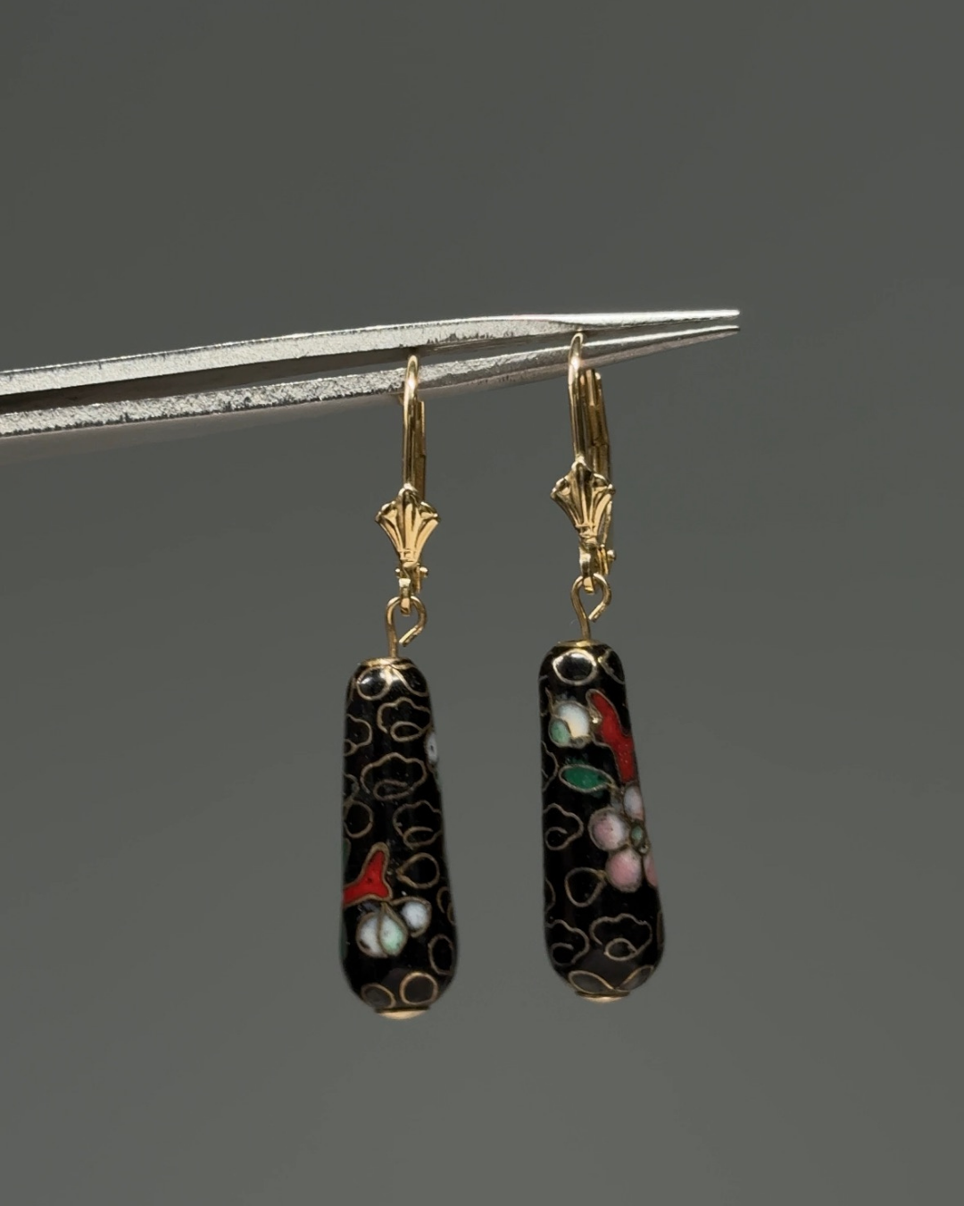 Estate 14KT Cloisonné Gold Gilt Onyx Drop Earrings