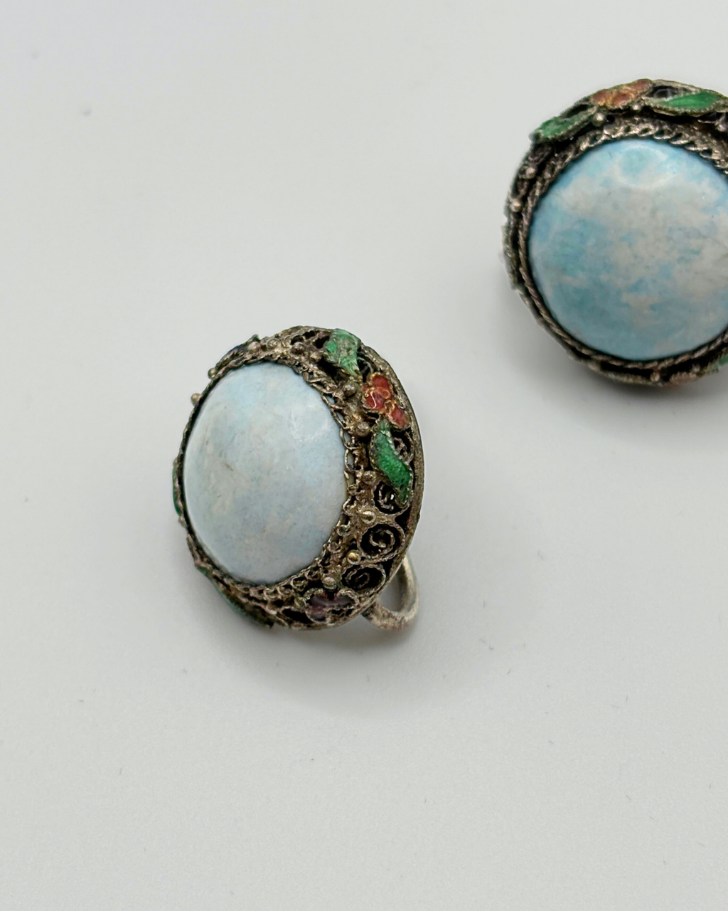 Antique Larimar Filigree & Enamel Screwback Earrings