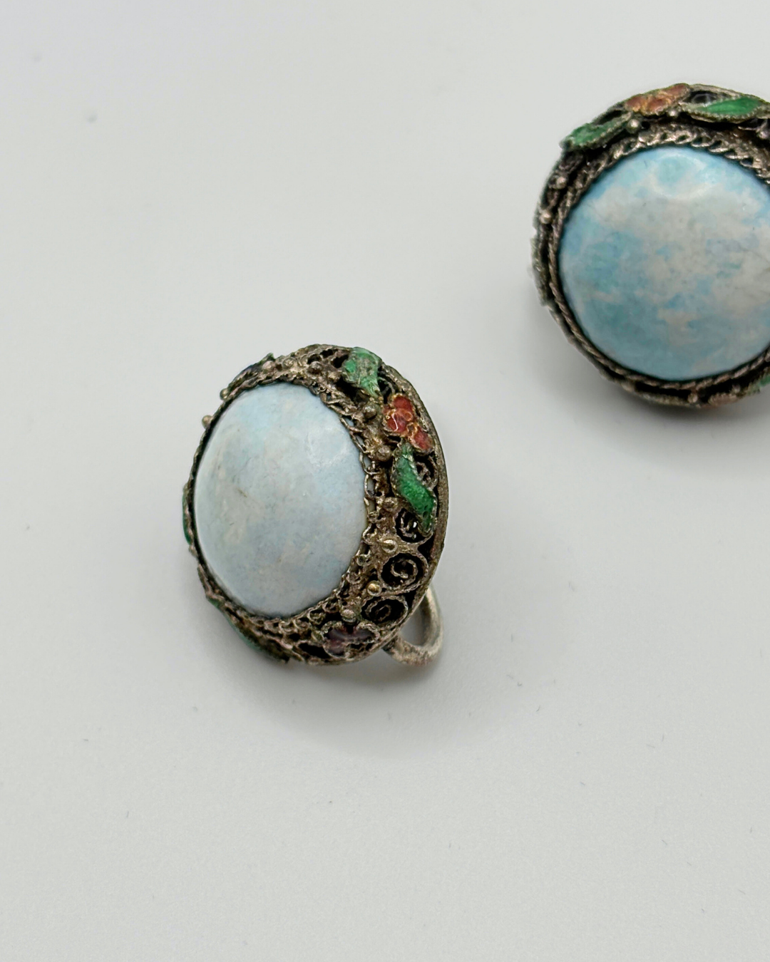 Antique Larimar Filigree & Enamel Screwback Earrings