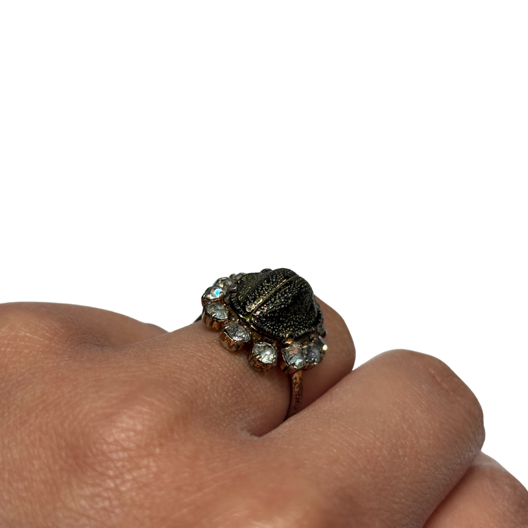 Scarab with White Rhinestone Statement Ring