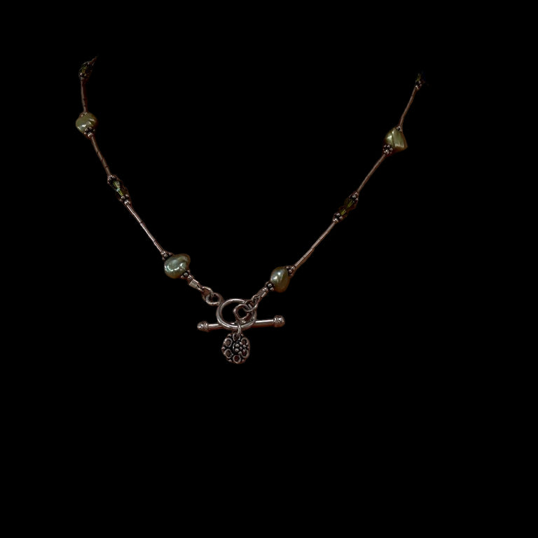 Sterling Green Pearl Station Toggle Clasp Necklace