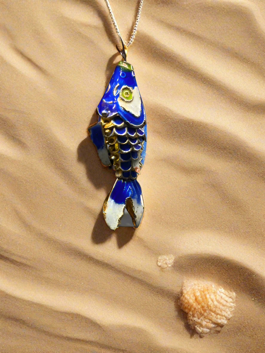 Cloisonne Articulate Blue Koi Fish Pendant