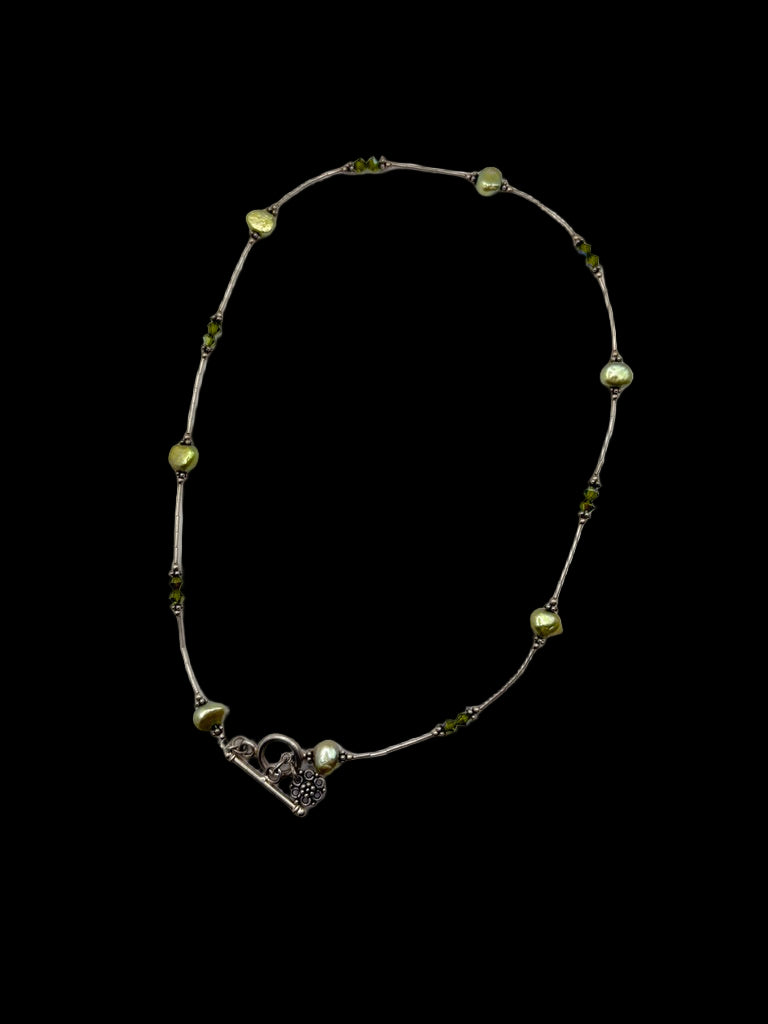 Sterling Green Pearl Station Toggle Clasp Necklace