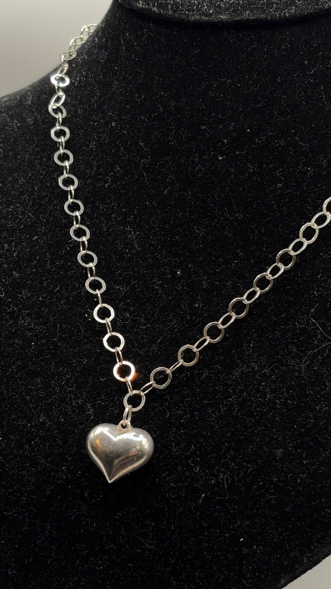 Sterling Disc Chain and Puffy Heart Necklace