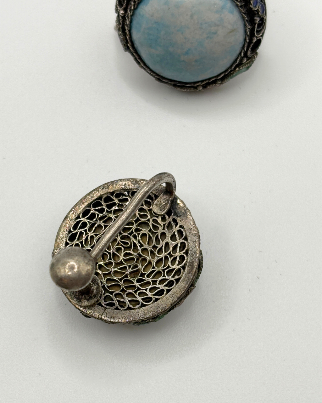 Antique Larimar Filigree & Enamel Screwback Earrings