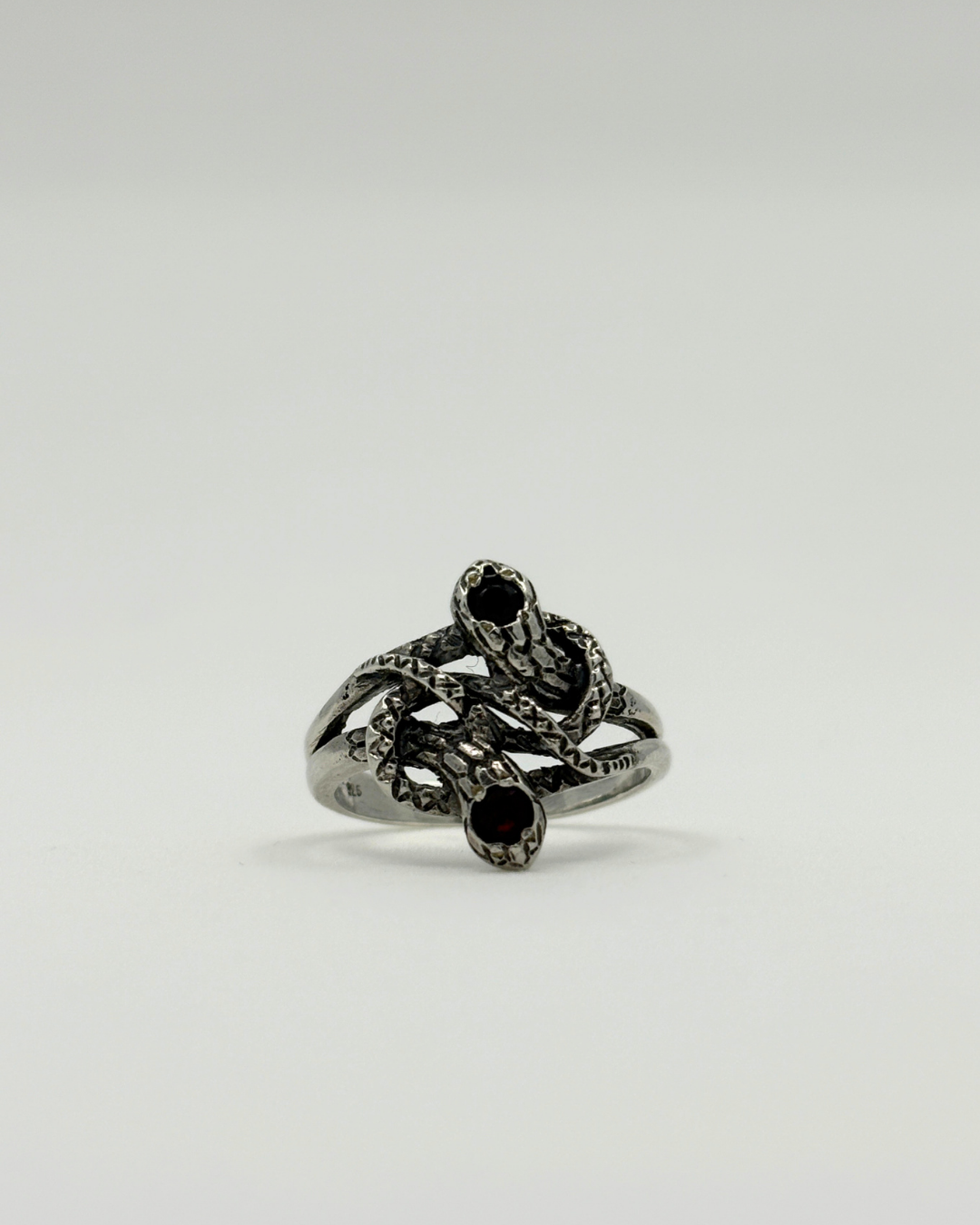 Sterling Knotted Double Headed Serpent with Garnet and Onyx Ring