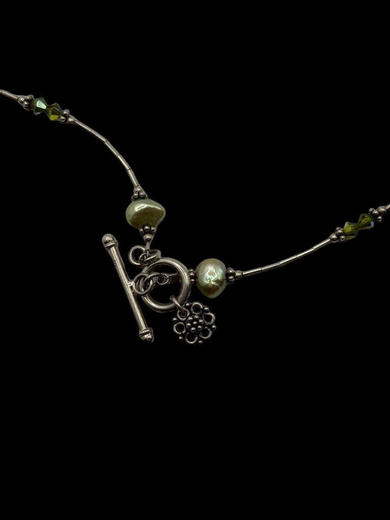 Sterling Green Pearl Station Toggle Clasp Necklace