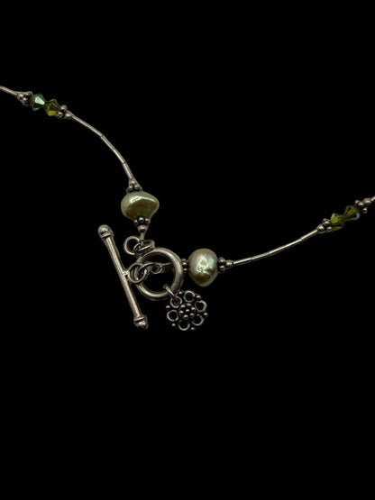 Sterling Green Pearl Station Toggle Clasp Necklace