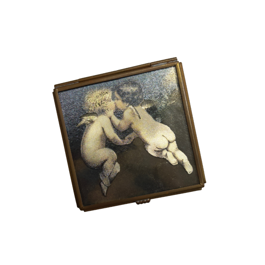 1992 Kissing Angels Brass & Stained Glass Trinket Box