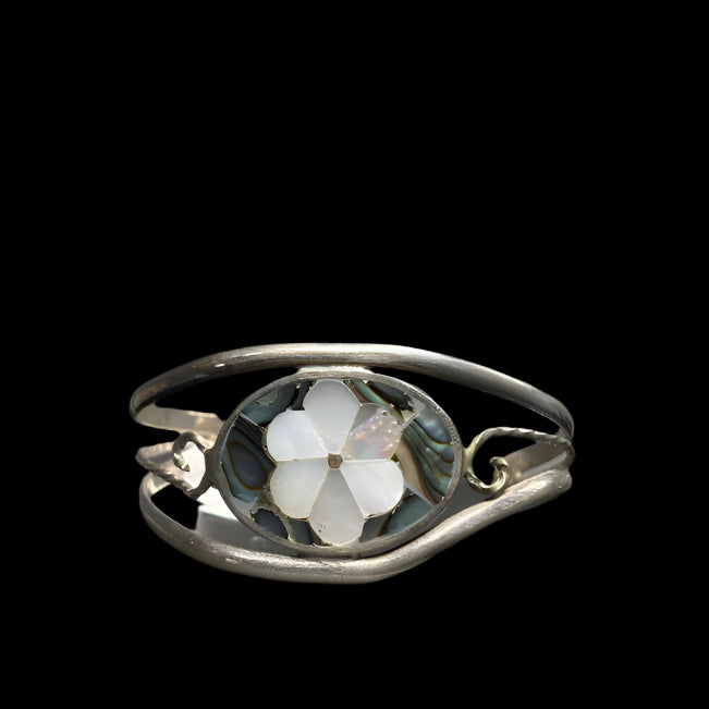 Bracelet manchette vintage du Mexique en alpaga et ormeau floral