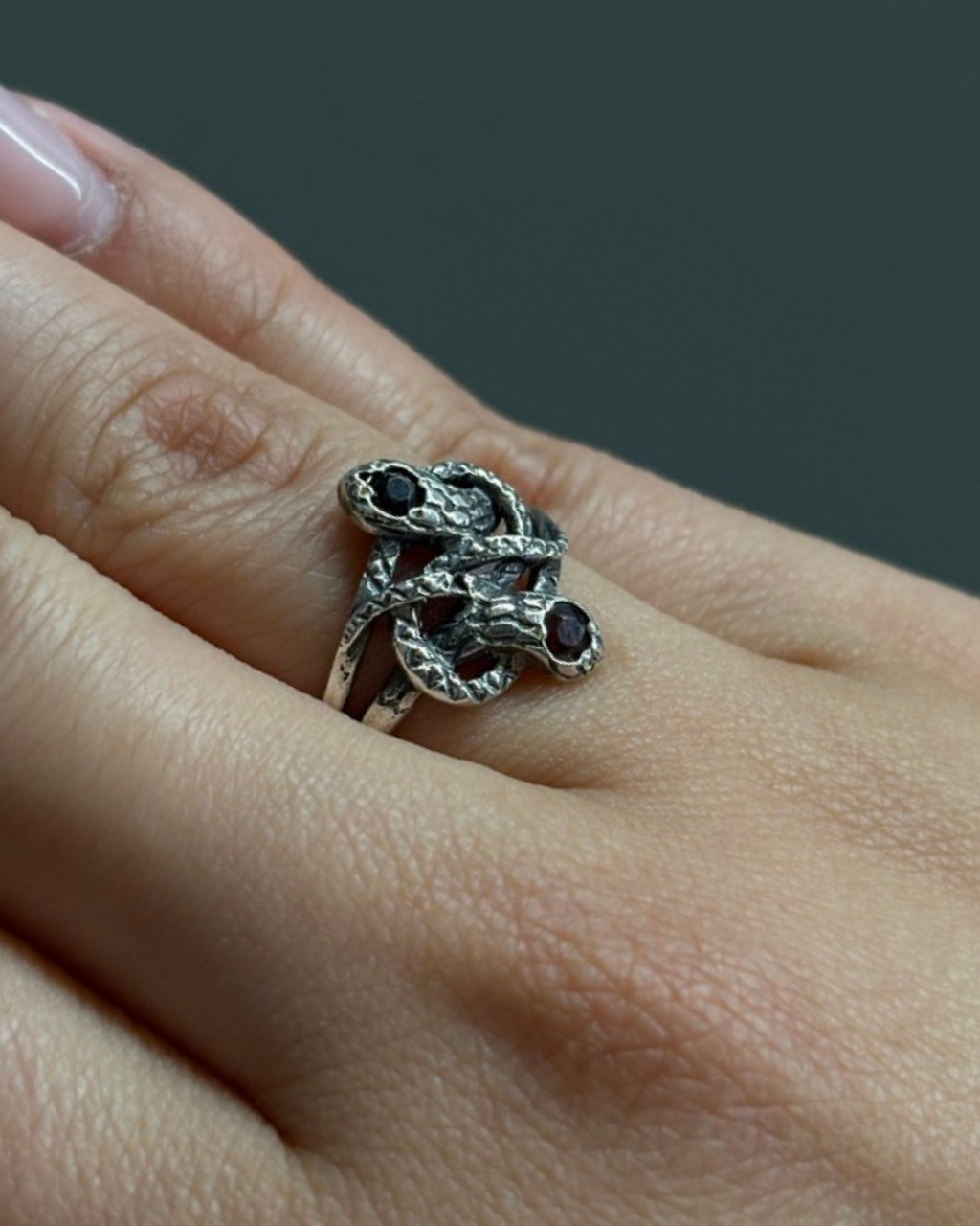 Sterling Knotted Double Headed Serpent with Garnet and Onyx Ring