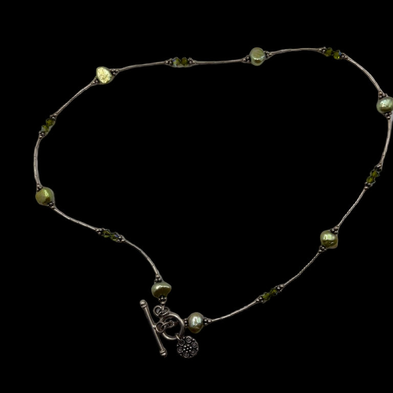 Sterling Green Pearl Station Toggle Clasp Necklace