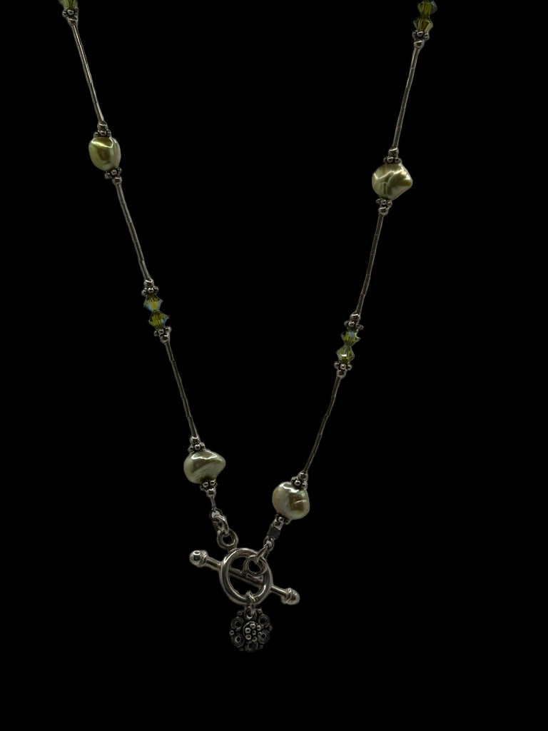 Sterling Green Pearl Station Toggle Clasp Necklace