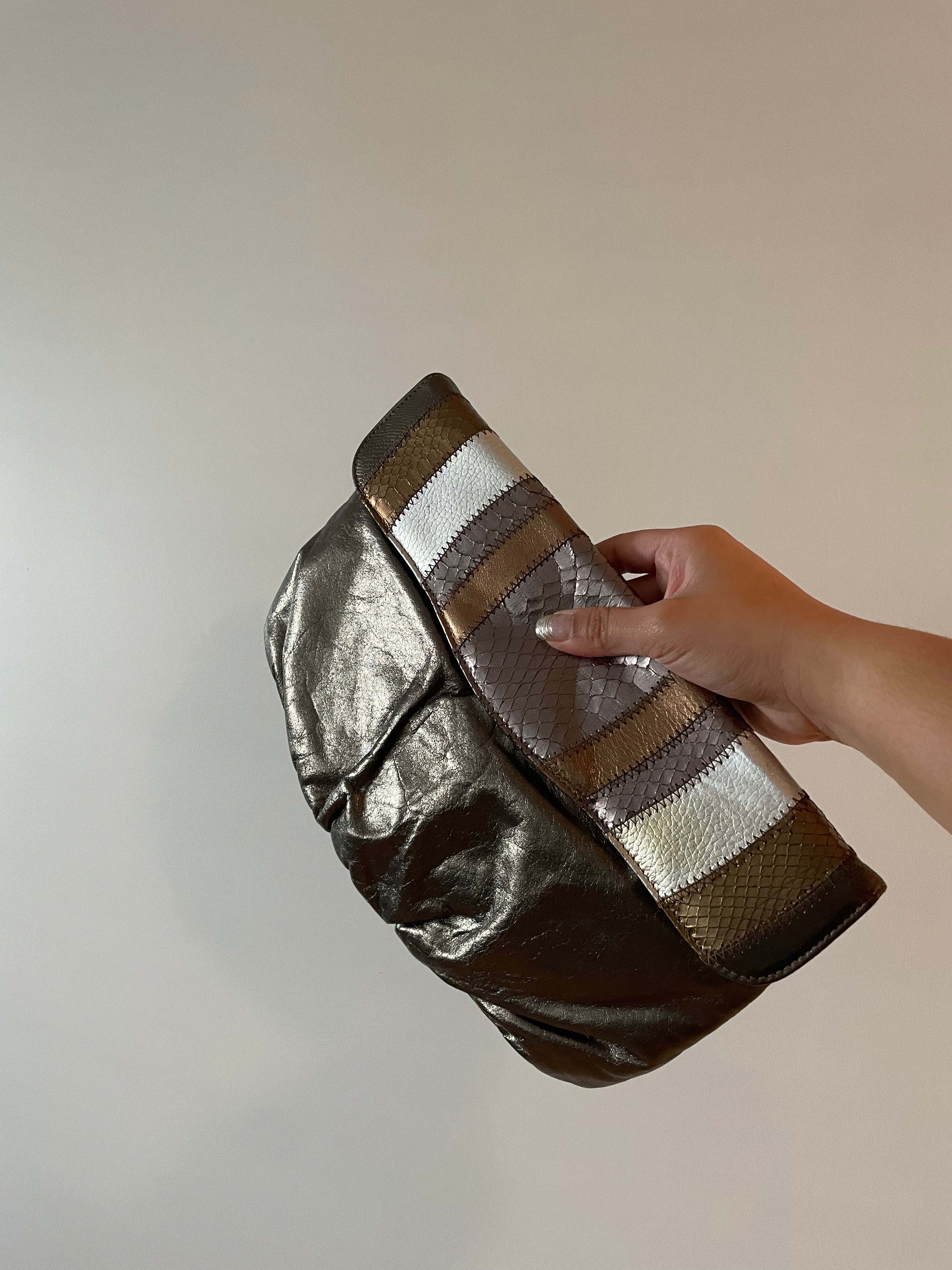 Vintage Margolm Metallic Gold, Gunmetal & Silver Snake Clutch/Purse
