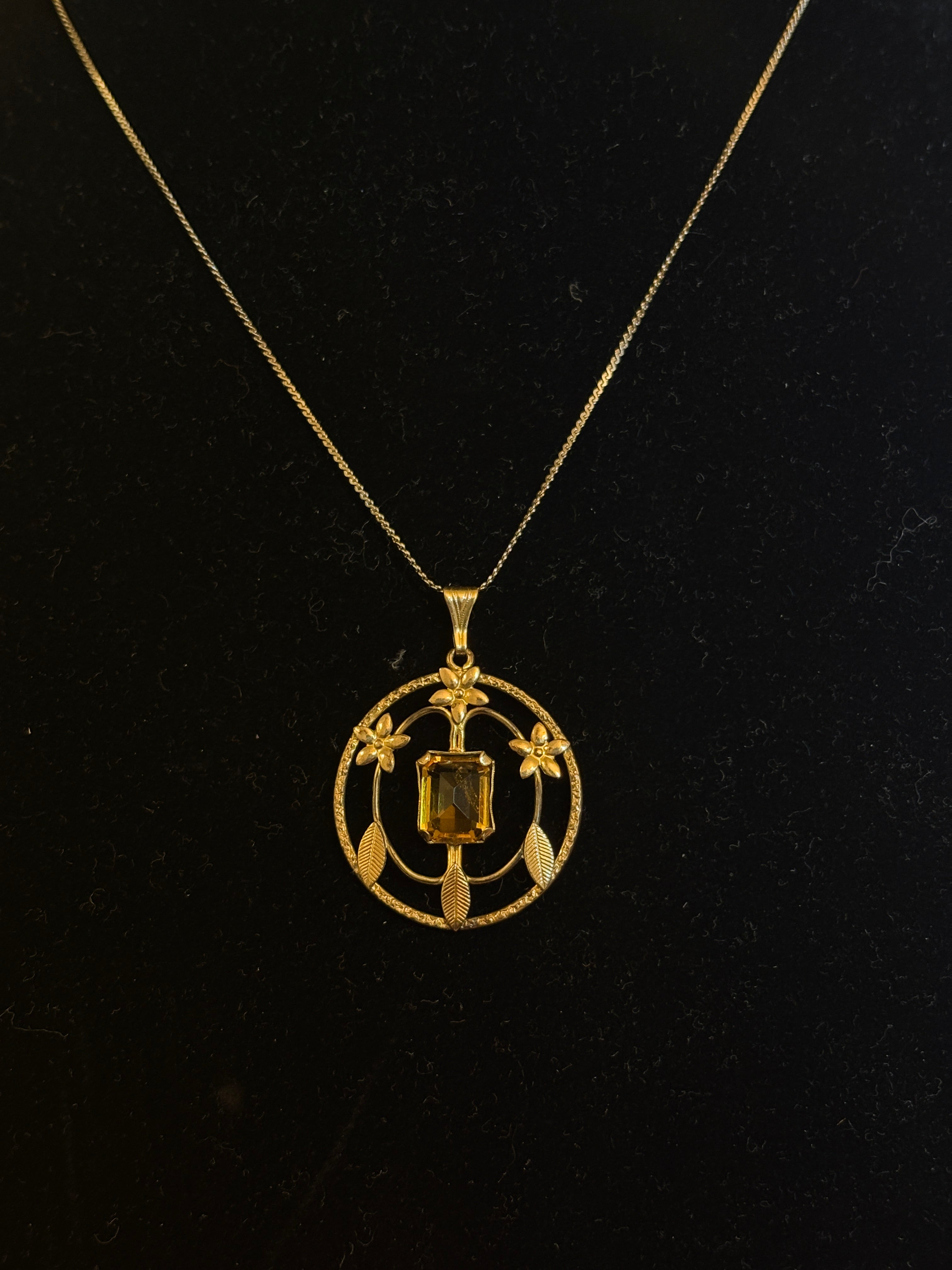 Vintage Gold Filled Seprentine Chain & Yellow Citrine Filigree Pendant