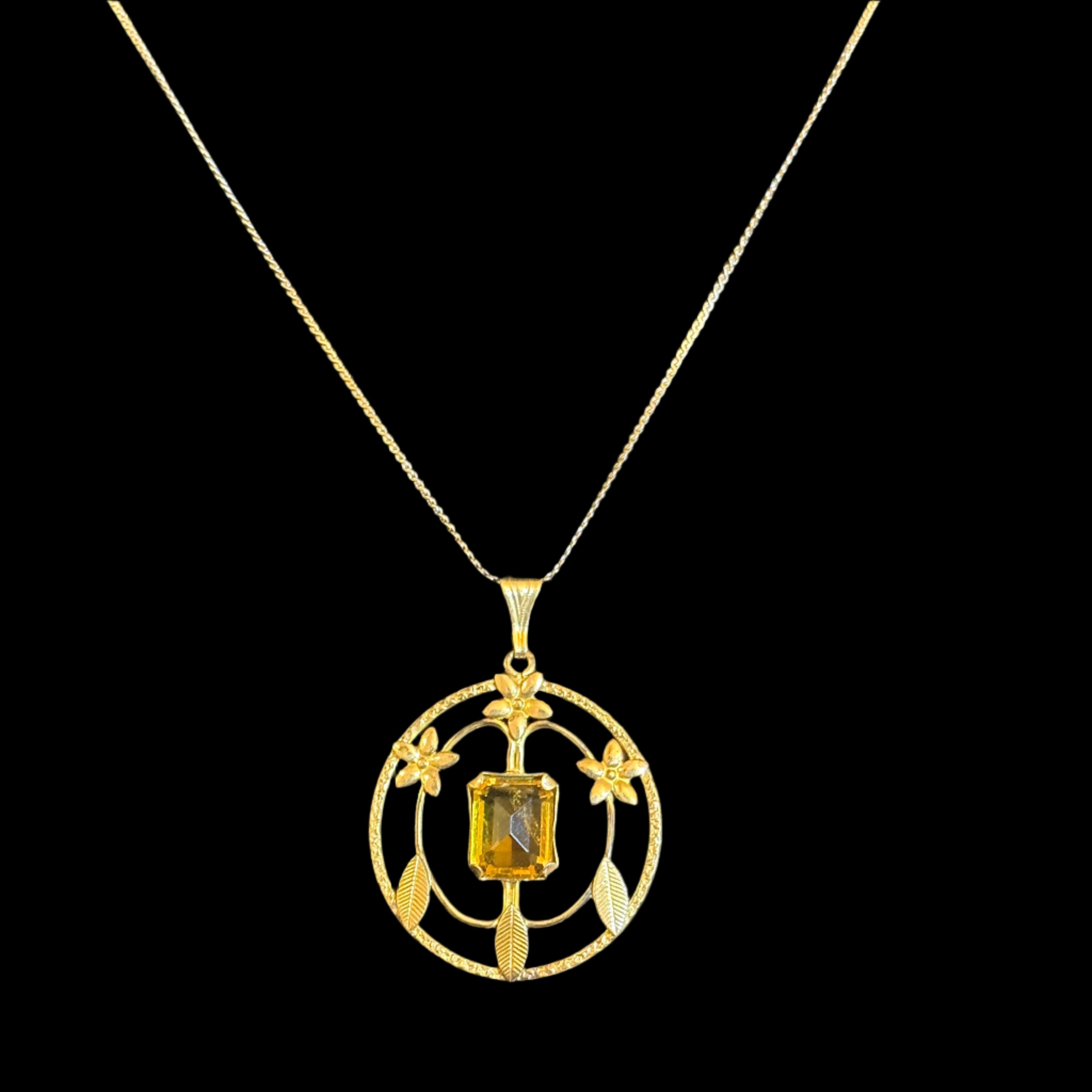 Vintage Gold Filled Seprentine Chain & Yellow Citrine Filigree Pendant