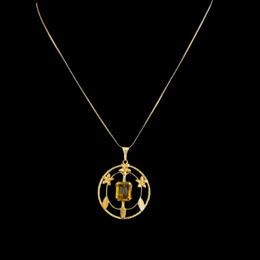 Vintage Gold Filled Seprentine Chain & Yellow Citrine Filigree Pendant