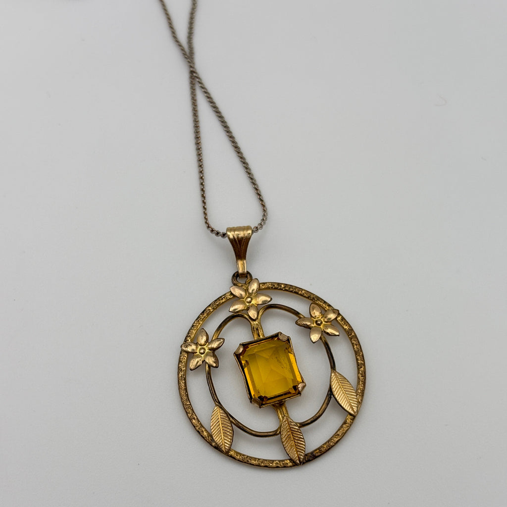 Vintage Gold Filled Seprentine Chain & Yellow Citrine Filigree Pendant
