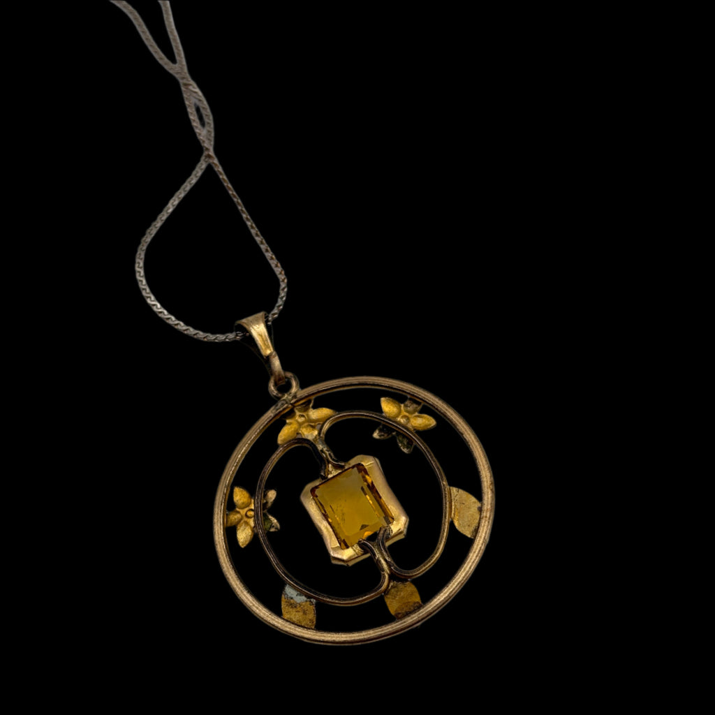 Vintage Gold Filled Seprentine Chain & Yellow Citrine Filigree Pendant
