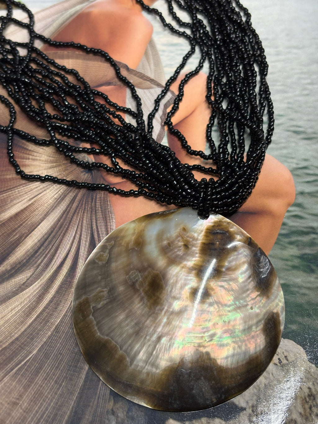 Abalone Shell Pendant & Black Beads Choker