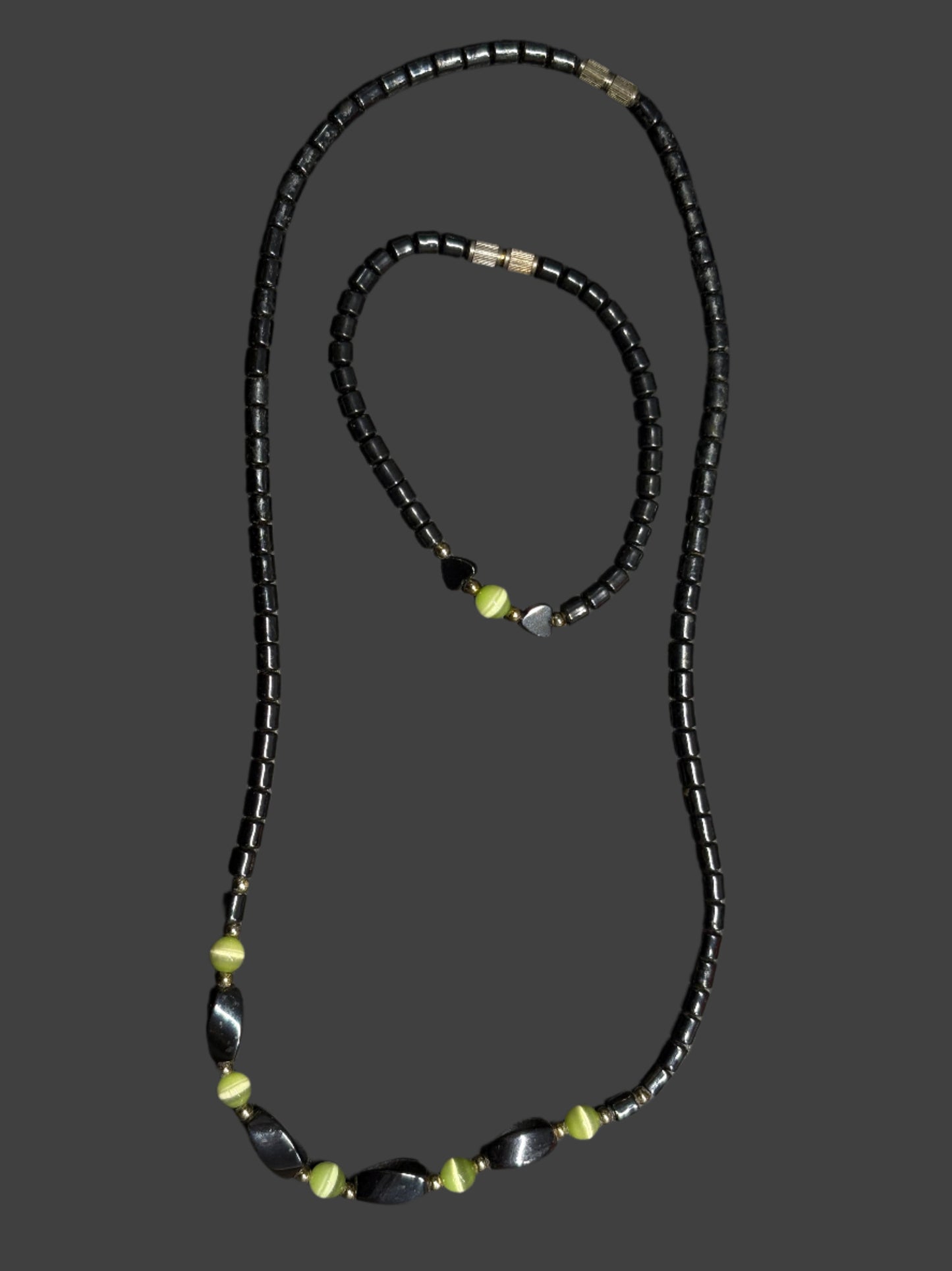 Marcasite & Green Cat's Eye Necklace Set