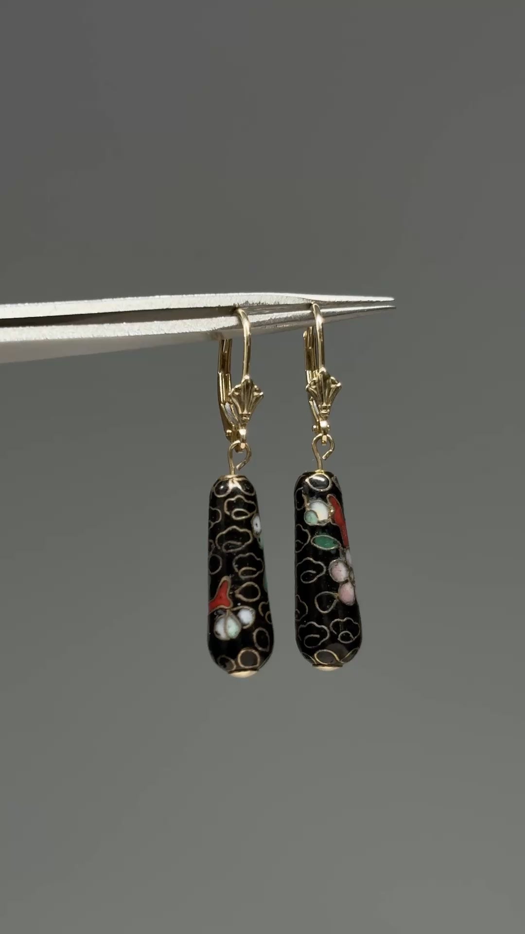 Estate 14KT Cloisonné Gold Gilt Onyx Drop Earrings